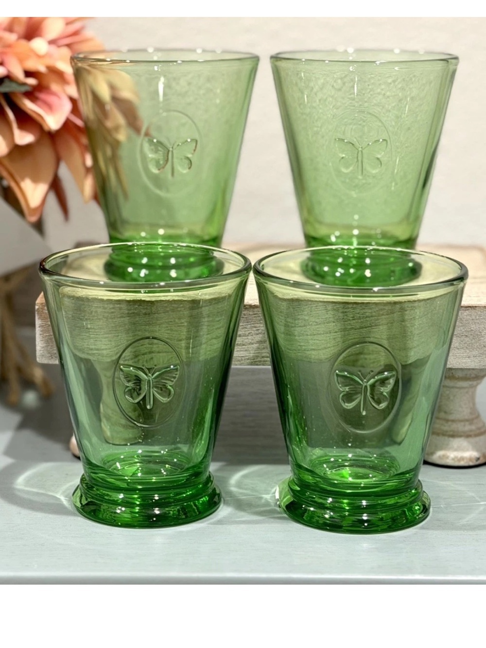 La Rochere Butterfly Symbolic Papillon Tumbler/Glasses Mint Green. Set of 4~ NEW